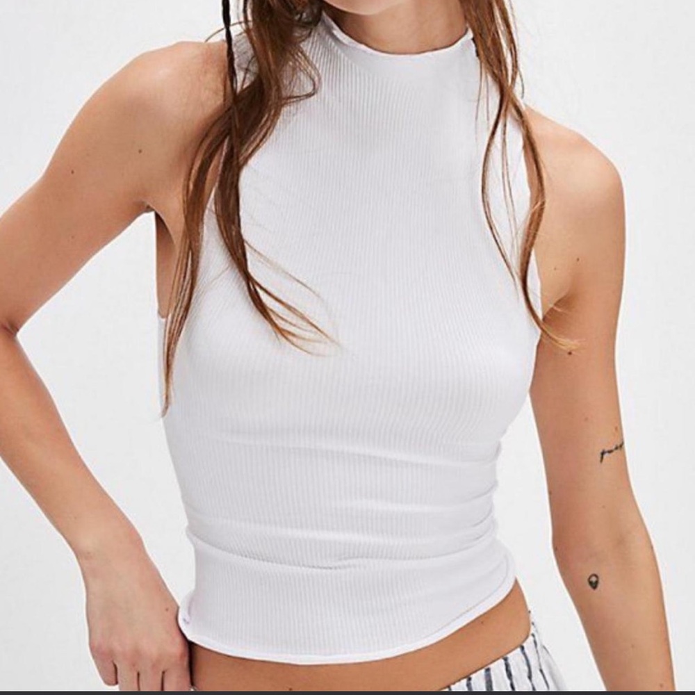 Free People  White Ribbed Mock Neck Tank Top keyhole back M/L